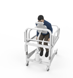 Image of a patient transfer wheelchair designed for easy and safe movement of patients between locations. The wheelchair features comfortable seating, secure restraints, and durable wheels for smooth transportation.